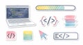 Laptop with code stickers and programming icons Royalty Free Stock Photo