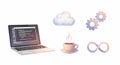 Laptop coding cloud gears coffee infinity symbol Royalty Free Stock Photo