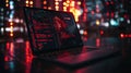 Laptop with coding screen and red lights in dark environment Royalty Free Stock Photo