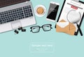 Laptop, cofee and glasses office desk Vector realistic. gadgets 3d detailed illustrations