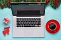 Laptop, coffee and Christmas decorations, Desk Royalty Free Stock Photo