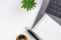Laptop, coffee cup, plant, notebook on white background. Workspace concept.