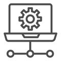 Laptop with cogwheel and wire line icon, neural network concept. Vector graphics. Local area wired connection sign on