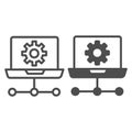 Laptop with cogwheel and wire line and solid icon, neural network concept. Vector graphics. Local area wired connection