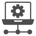Laptop with cogwheel and wire solid icon, neural network concept. Vector graphics. Local area wired connection sign on