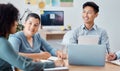 Laptop, collaboration and marketing team in a meeting in the office to plan creative project together. Happy, teamwork Royalty Free Stock Photo