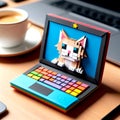 A laptop with a colorful keyboard and kitten