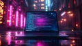 Laptop with colorful programming code illuminated by neon lights