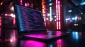 Laptop with colorful programming code and neon lights in a dark atmosphere