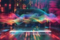 laptop with colorful waves emanating from its screen surrounded by digital code and data visualizations, stock marketing, Royalty Free Stock Photo