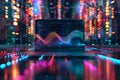 laptop with colorful waves emanating from its screen, surrounded by digital code and data visualizations, stock marketing, Royalty Free Stock Photo