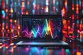 laptop with colorful waves emanating from its screen, surrounded by digital code and data visualizations, stock marketing, Royalty Free Stock Photo