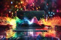 laptop with colorful waves emanating from its screen, surrounded by digital code and data visualizations, stock marketing, Royalty Free Stock Photo