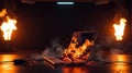 Laptop engulfed in flames, dramatic scene with fire in the background. Represents technological failure or data loss