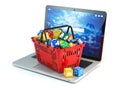 Laptop computer application software icons in the shopping basket isolated on white background. Store of apps concept.