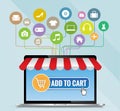 Laptop computer with awning and basket on line shop, cartoon e-commerce concept vector