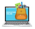 Laptop computer with backpack full of school supplies, vector illustration. Online education, distance learning. Royalty Free Stock Photo