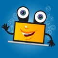 Laptop computer big eyes character cartoon smile with hands yellow mascot face happy Royalty Free Stock Photo