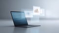 Laptop computer with a blank screen displaying floating data visualizations and graphs, representing digital analytics Royalty Free Stock Photo