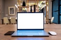 Laptop computer with blank white screen on table. Office concept Royalty Free Stock Photo