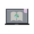 Laptop computer with book and global vector icon illustration. E-learning, Online education concep Royalty Free Stock Photo