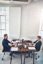 Laptop, computer and business people with opposite desk in office workplace. Planning, strategy and workers, man and