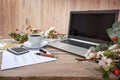 Laptop computer, calculator, coffee and money on a rustic table with autumn branches against a wooden background, home office Royalty Free Stock Photo