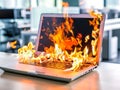 Laptop computer catching fire on a desk in an office Royalty Free Stock Photo