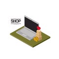 Laptop computer and coins and cardboard boxes stack and heart on top over green floor colorful poster isometric shop