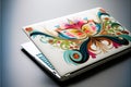 a laptop computer with a colorful design on the cover of it\'s cover is sitting on a table top surface with a gray backgrou
