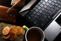 Laptop computer, cup of coffee, ballpen, notebook, crackers, and a smartphone