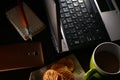 Laptop computer, cup of coffee, ballpen, notebook, crackers, and a smartphone