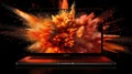 laptop computer with dark screen and color explosion Royalty Free Stock Photo