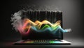 Laptop computer with data waves and technology floating above. Colorful motion communication. World wide web, internet. Royalty Free Stock Photo