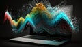 Laptop computer with data waves and technology floating above. Colorful motion communication. World wide web, internet. Royalty Free Stock Photo