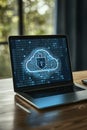 Laptop Computer Displaying Cloud Computing and Cybersecurity Concept with Binary Code on Wooden Desk Royalty Free Stock Photo
