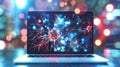 A laptop computer displaying an image of neurons and brain cells on the screen, Ai Generated Royalty Free Stock Photo