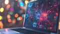 A laptop computer displaying an image of neurons and brain cells on the screen, Ai Generated Royalty Free Stock Photo