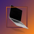 Laptop  computer with empty screen while levitating in the air with frame on a background illuminated by a purple and orange color Royalty Free Stock Photo