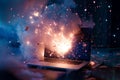 Laptop computer on fire due to a fault or its lithium battery overheating and exploding causing a thermal runawa