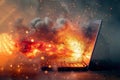 Laptop computer on fire due to a fault or its lithium battery overheating and exploding causing a thermal runawa