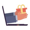 Laptop computer and hand hold gift vector illustration online business technology. Internet delivery and shopping e-commerce Royalty Free Stock Photo