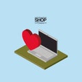 Laptop computer and heart over green floor colorful poster isometric shop online