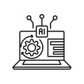 Laptop computer icon with AI chip, automation gear and data panel, black outline line art for Royalty Free Stock Photo