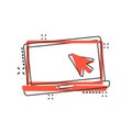 Laptop computer icon in comic style. Cursor on notebook cartoon vector illustration on white isolated background. Monitor splash Royalty Free Stock Photo