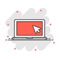 Laptop computer icon in comic style. Cursor on notebook cartoon vector illustration on white isolated background. Monitor splash Royalty Free Stock Photo