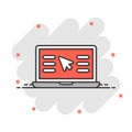 Laptop computer icon in comic style. Cursor on notebook cartoon vector illustration on white isolated background. Monitor splash Royalty Free Stock Photo