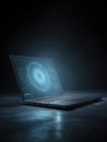 laptop computer with illuminated digital screen showing complex data visualization, code, security elements. Dark, dramatic Royalty Free Stock Photo