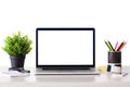 Laptop computer with isolated screen stands on the table Royalty Free Stock Photo