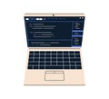 Laptop computer, keyboard and screen displaying code, software interface. Notebook PC, information technology device for